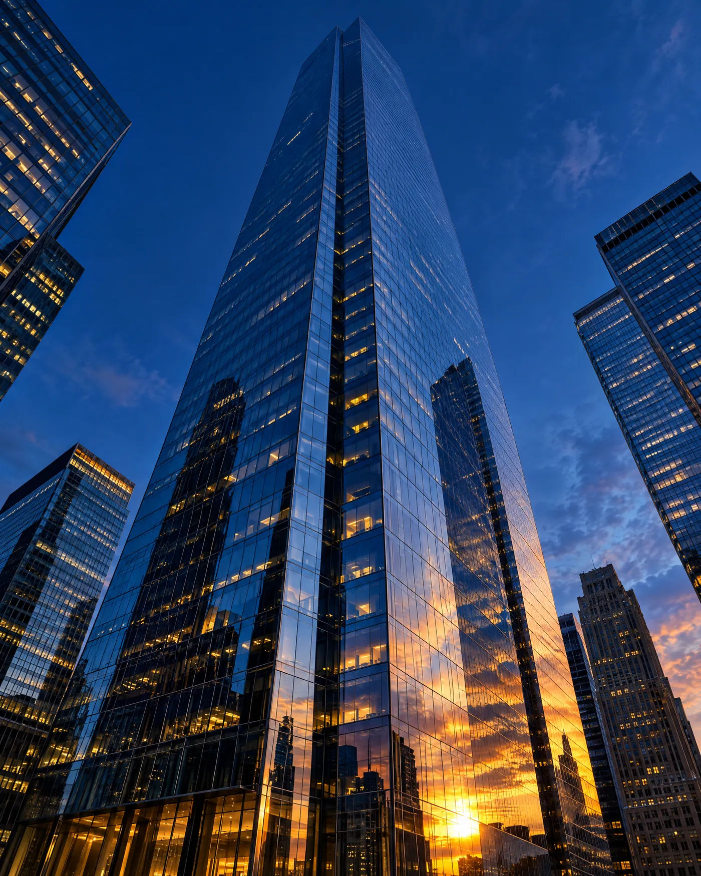 Rascacielos de vidrio en el centro financiero al atardecer